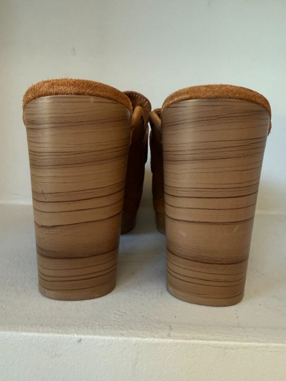 New Splendid Vina Caramel Tan Suede Wood Look Block Heel Platform Mule Clogs 9 - Picture 5 of 11